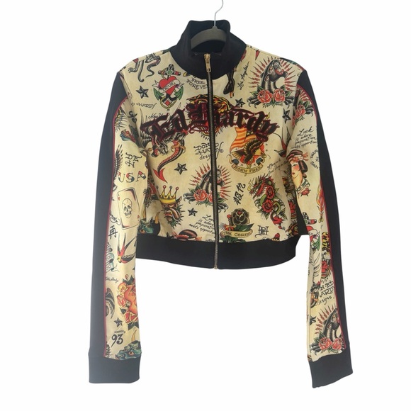Ed Hardy Women’s Crop Zip Up All Over Tattoo Print Track Jacket NWT size medium - Picture 4 of 8